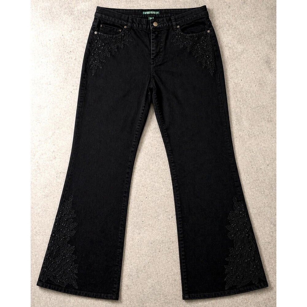 Ralph Lauren Jeans Womens 16 Black Embroidered Bootcut Flare Y2K Floral Denim